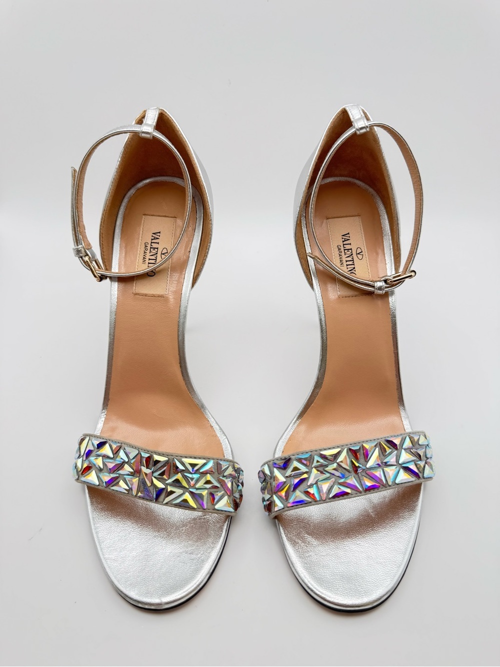 Valentino Garavani Silver Crystal Ankle Strap Sandals EU 37.5 Heels